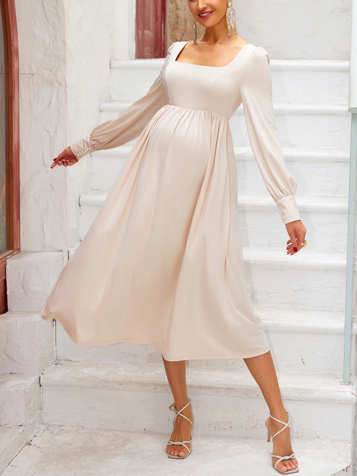 ItsRoya Solid Square Neck Pearl Long Sleeves Maternity Dress Ruched Women Photography Props Dresses Casual Pregnant Dresses