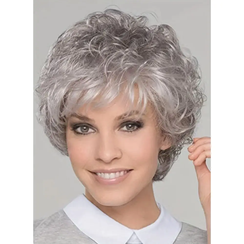 10 Inch Short Curly Synthetic Silver Gray Wigs For Women Fluffy Heat Resistant Curly Hair Wigs Suitable For Daily Use