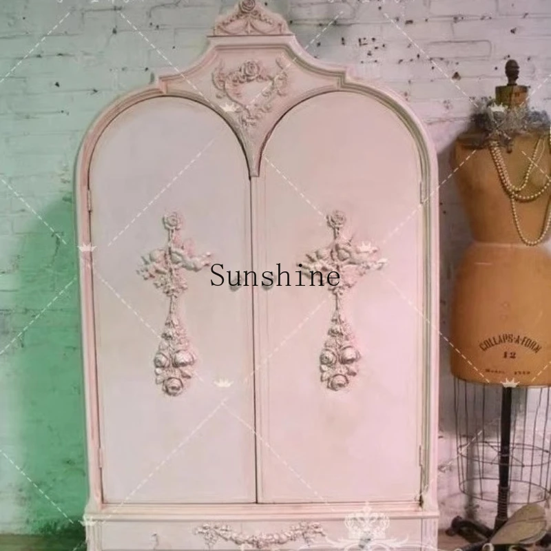 

Solid wood wardrobe American carved children's pink wardrobe old photography furniture customization