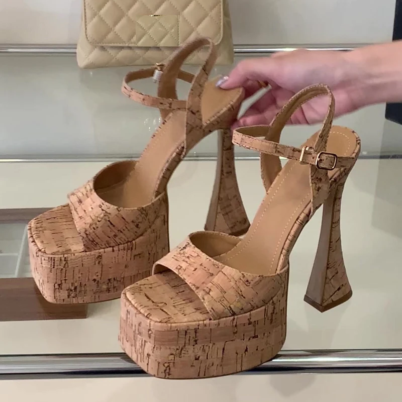 Aneikeh Modische Kork-Wasserdichte Plateau-Sandalen mit Schnallenverschluss für Damen, Sexy Plateau-Sandalen mit Hohen Absätzen für Nachtclub, Abschlussball und Sommer