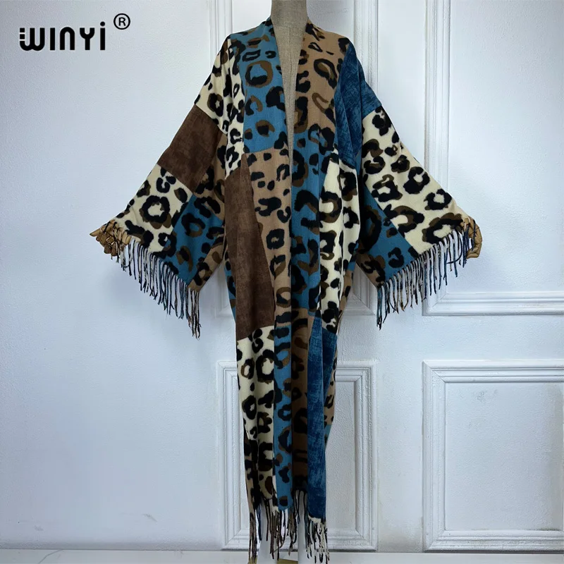 WINYI Leopard print tassel winter long cardigan African women winter kimono OverCoat abaya dubai luxury Open Front party dress