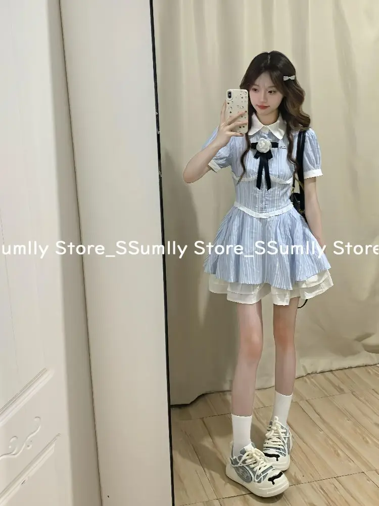 Abito da donna con fiocco in stile college dolce giapponese, abiti eleganti slim a righe blu, ragazza della scuola, collo alto, abbigliamento da principessa 2025 Nuovo