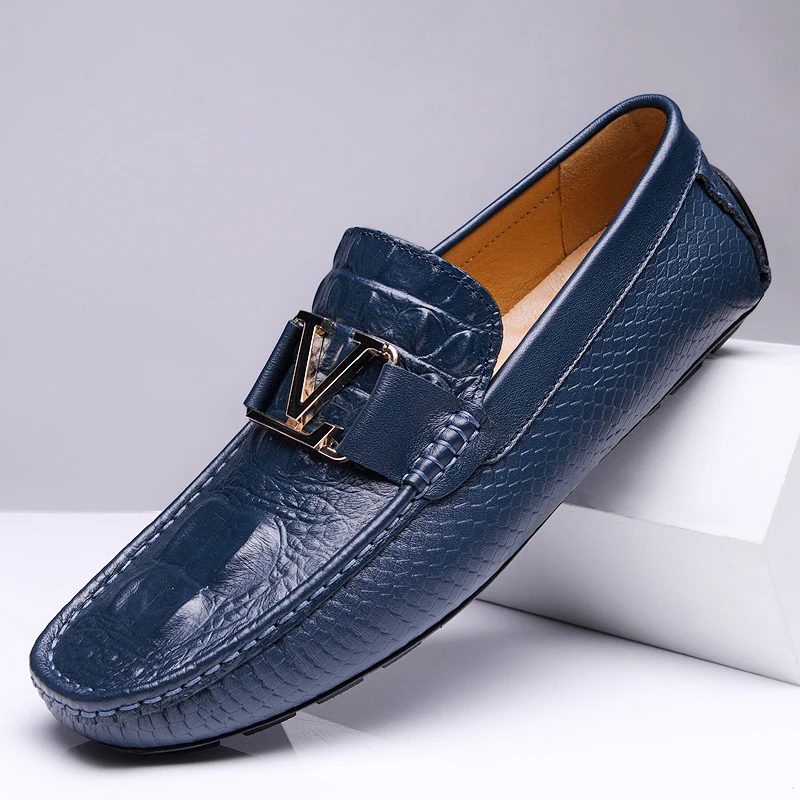 Zapatos de piel de vaca con patrón de cocodrilo para hombre, zapatos de ocio para perezosos, con capa de cabeza, fondo suave, conducción de un