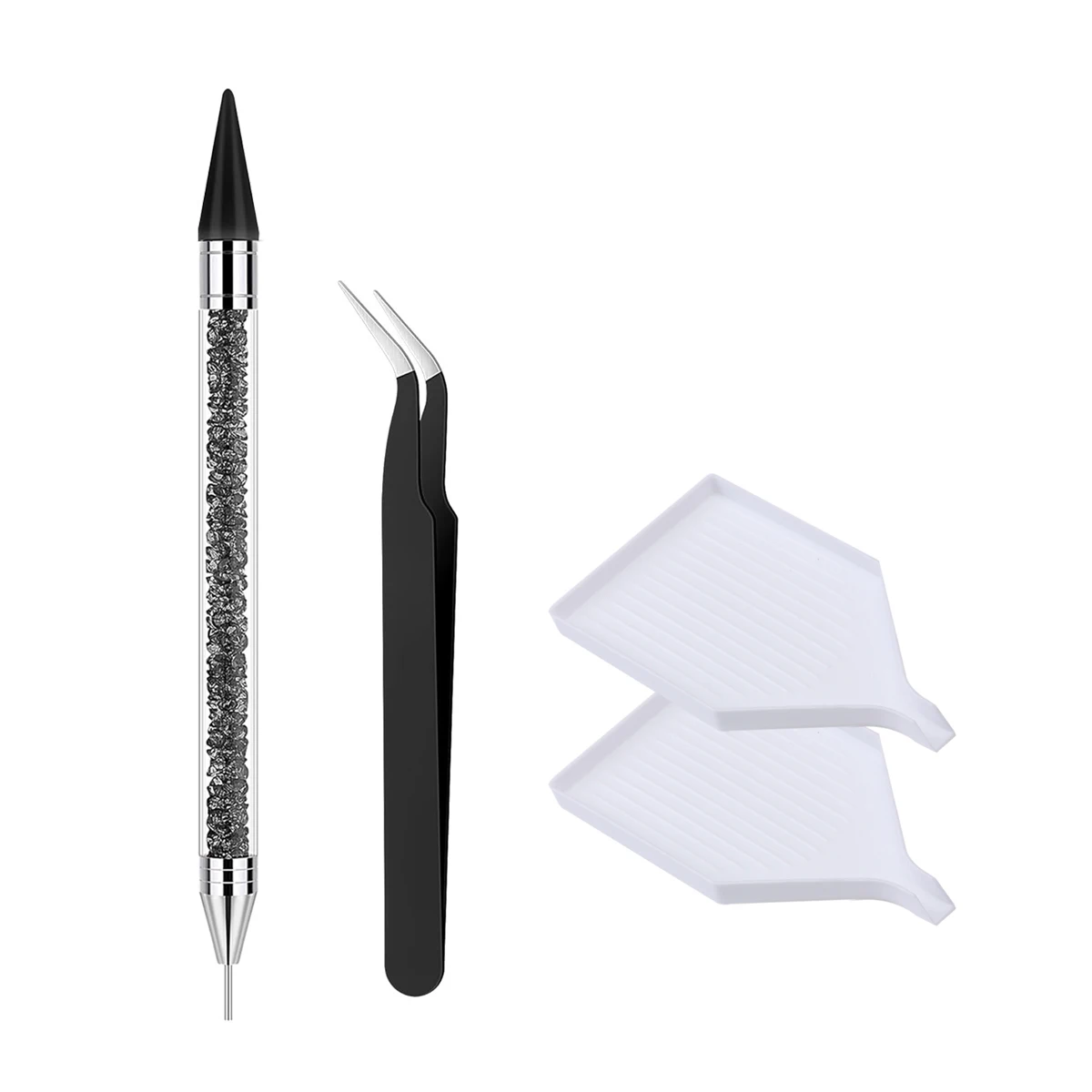 Doppelseitiges Nagelrhinestone-Pick-Tool-Set, Wachspunktierstifte, gebogene Pinzette, Rhinestone-Aufbewahrungsschale, DIY-Nagelkunst-Edelstein-Aufnahmewerkzeug
