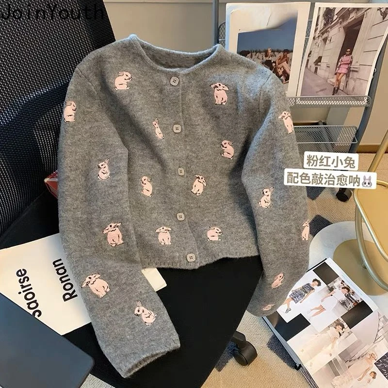 

Vintage Cropped Sweater Jackets for Women Pull Femme Rabbit Embroidery O-neck Cute Sueter Mujer Casual Fashion Knitted Cardigan