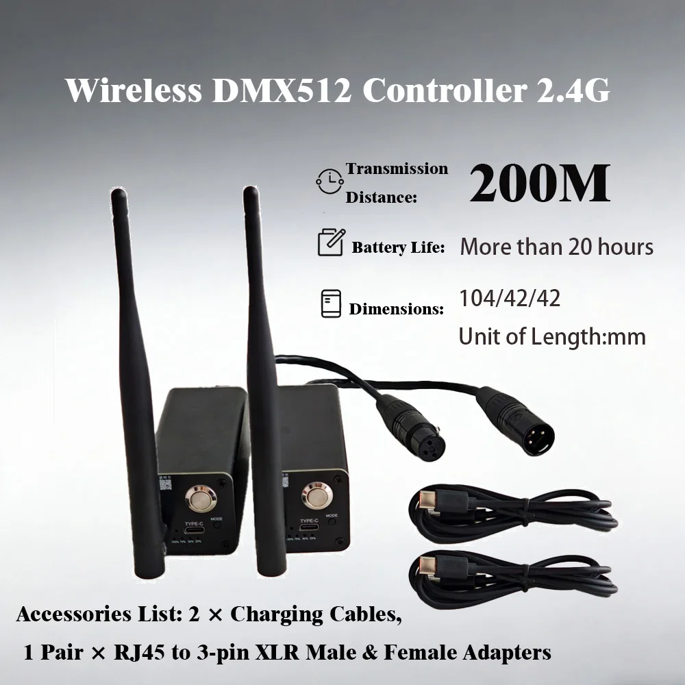 

2.4G wireless dmx512 transceiver stage lighting controller with built-in 2500mAh battery charging interface TYPE-C