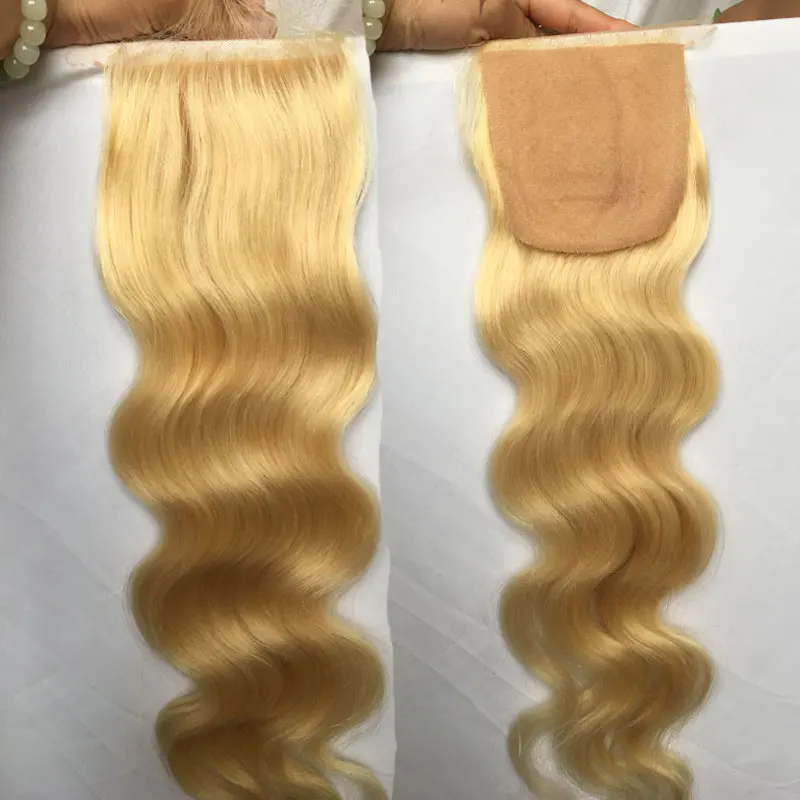 Silk Base Closure 100% Brazilian Remy Hair 4x4inch To Silk Base Women Topper Straight And Body Wave Blonde 613# Color