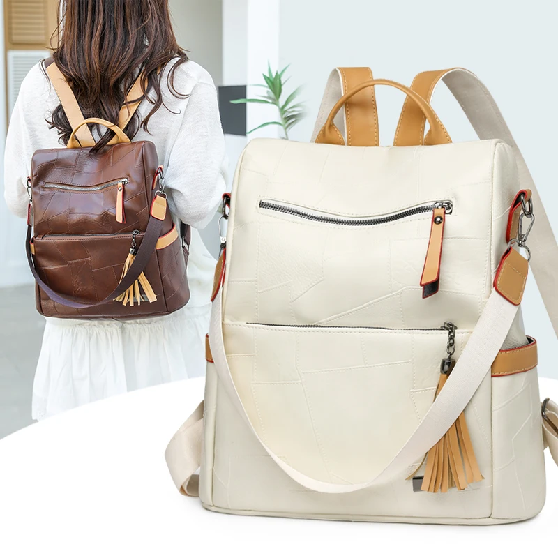 Vintage PU Leather Women Backpack Large Capacity Anti-Theft Travel Bag Fashion Casual Rucksack for Girls School Office Daily Use