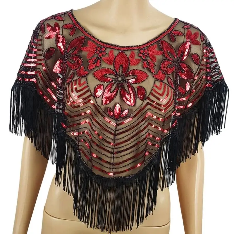 

Вышитая шаль с накидкой на плечо с бахромой и блестками из бисера для нарядного наряда