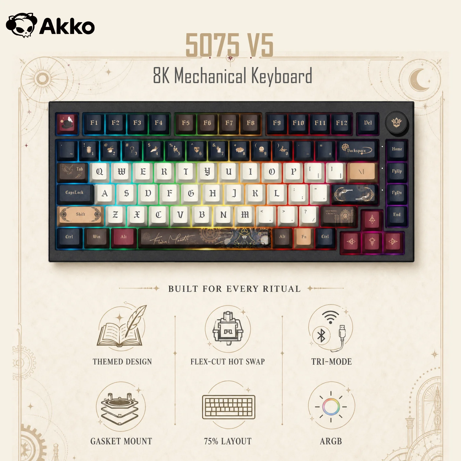 Akko 5075 V5 Lord of the Mysteries Mechanical Keyboard 75% 82-Key Hot-swappable ARGB 8K Tri-mode Wireless Gaming Keyboard Gasket