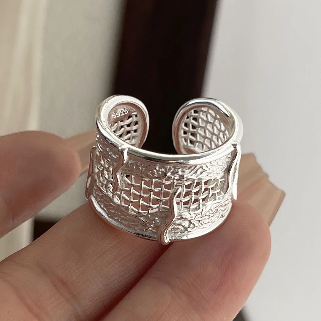 925 Sterling Silver Rings for Women Couple Minimalist Handmade Simple Hollow Wide Ring Fine Jewelry Gift Prevent Allergy