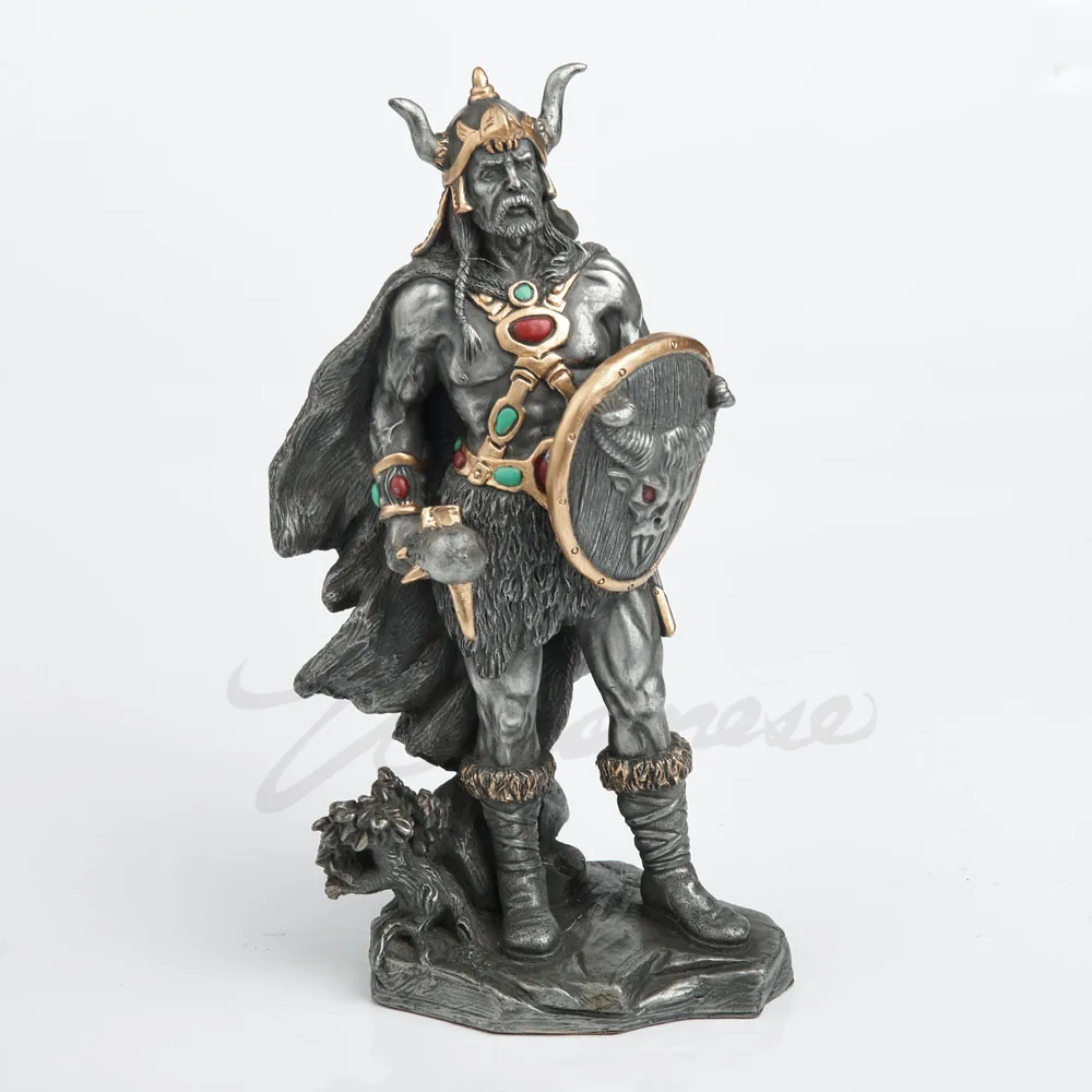 Resin Viking Warrior Statue Horned Helmet Nordic Figurine with Axe and Shield Retro Home Office Desktop Decorative Ornament Gift