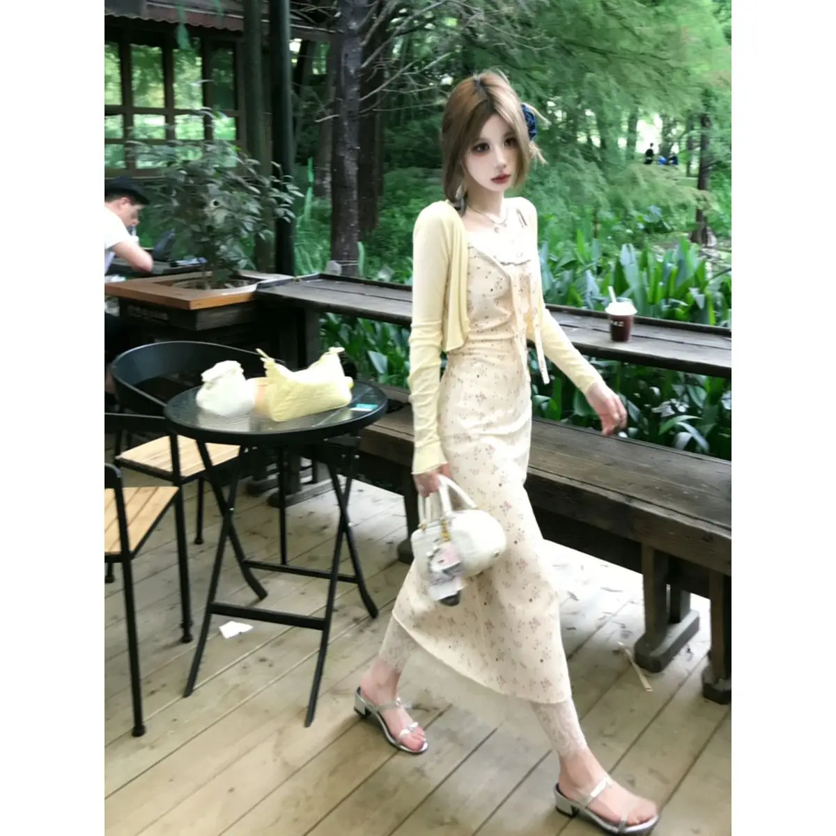 オリジナル美しい春夏ドレスレーススプライシング花柄ストラップレスガウンアウターカーディガンツーピースセットカスタムデザイン