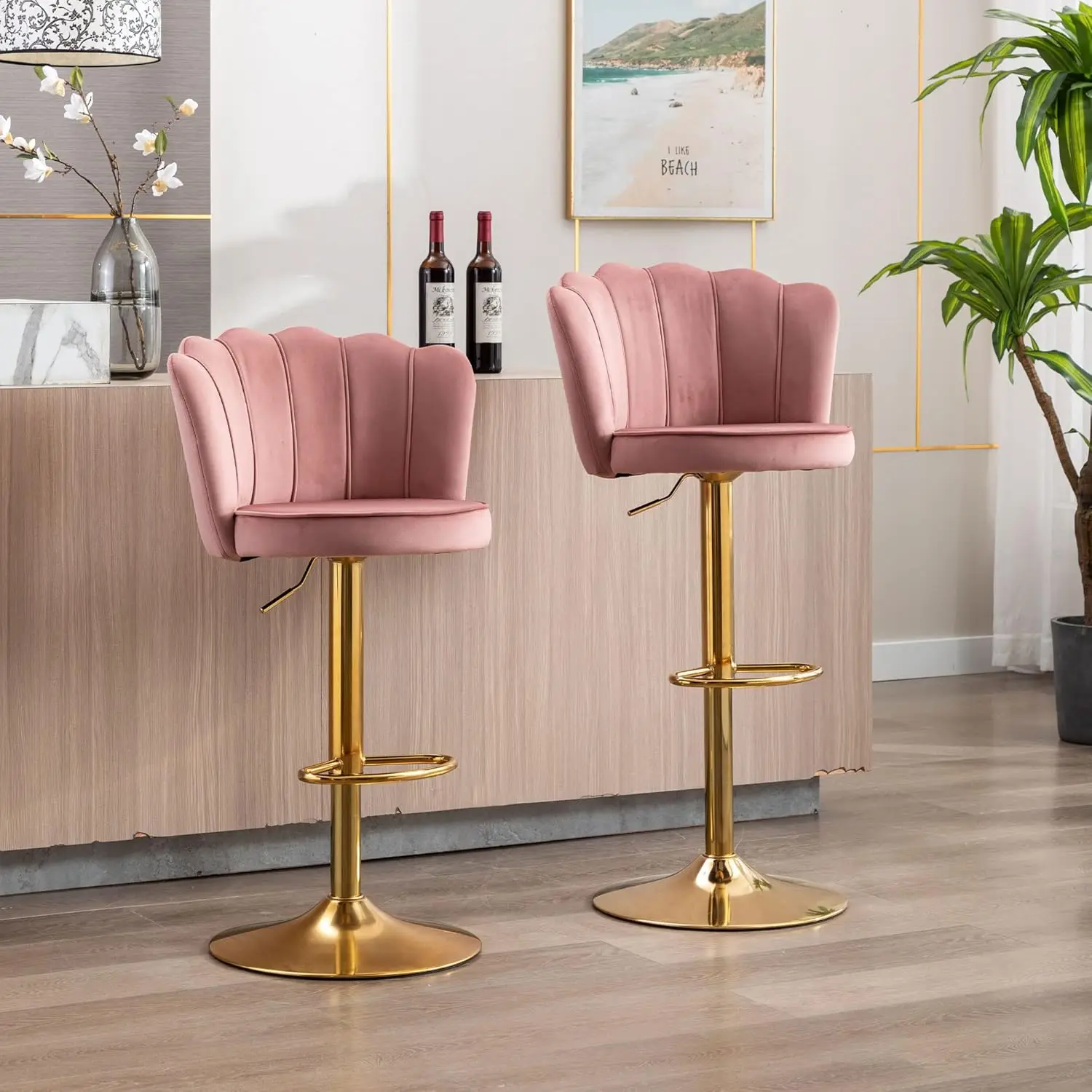 

Swivel Bar Stools Bar Height Set of 2 Adjustable Upholstered Counter Barstool Velvet Bar Chairs with Back/Gold Base, Customized
