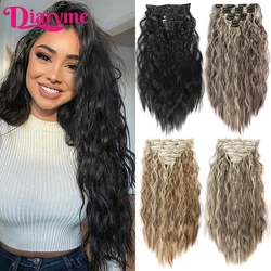 Extensiones de Cabello sintético con Clip para mujer, pelo postizo largo y ondulado, peluca Natural, color negro, 7 unidades por Set