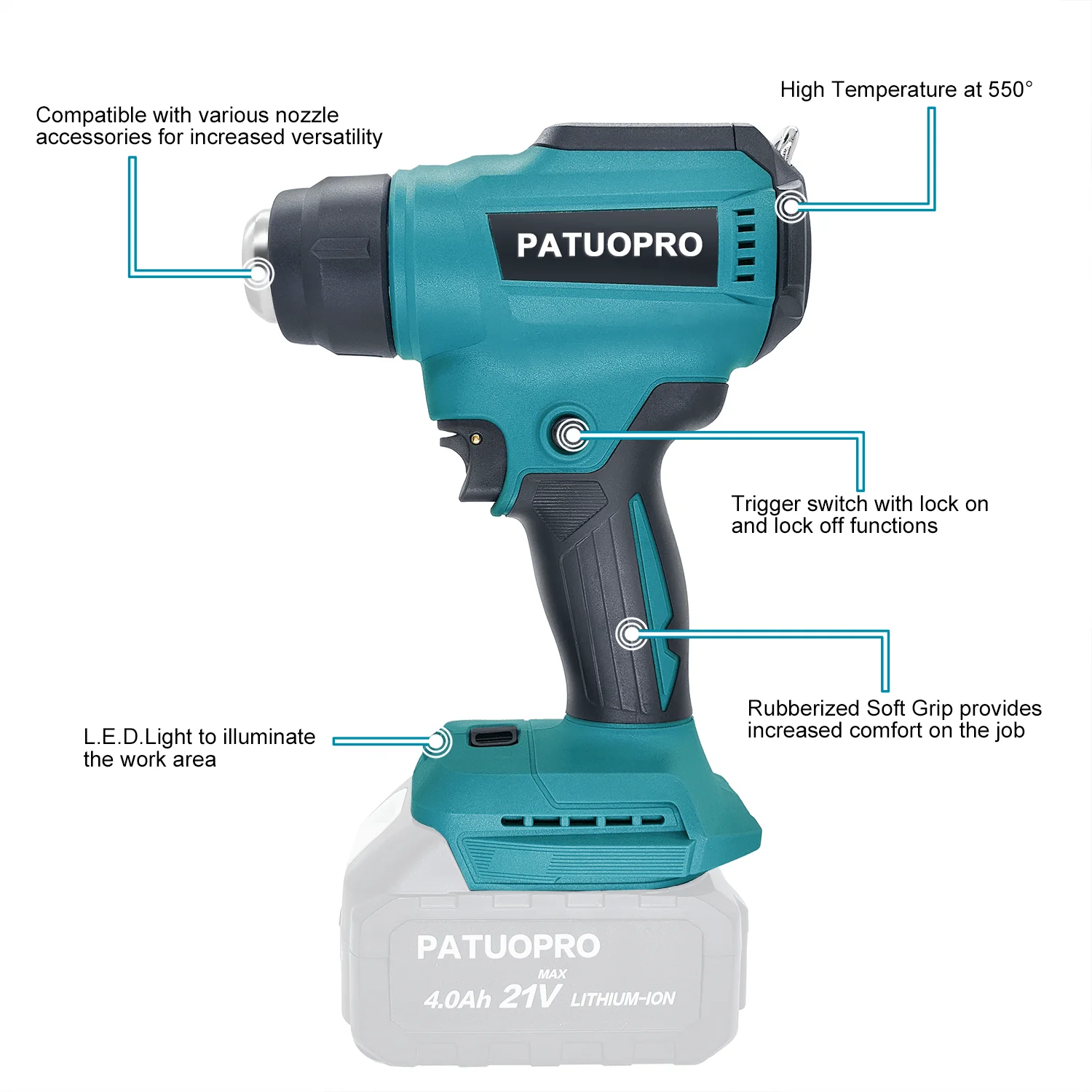 Imagem -02 - Cordless Hot Air Gun Pistola Térmica Recarregável Temperatura Digital Ajustar com Bateria e Carregador