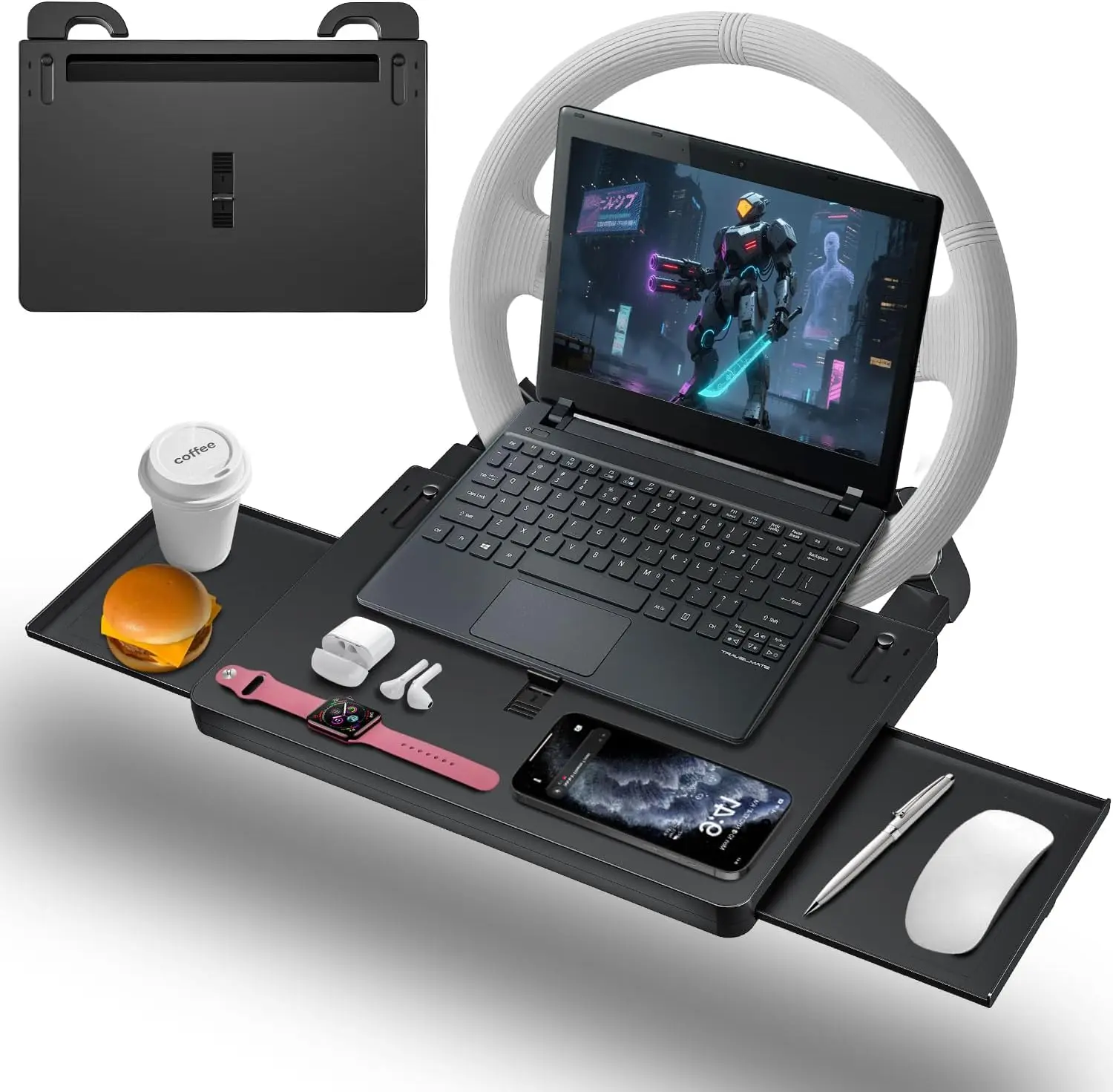 

Adjustable Car Steering Wheel Tray with Drawer, Anti-Slip Adhesive for Eating, Laptop Work, Multipurpose Table