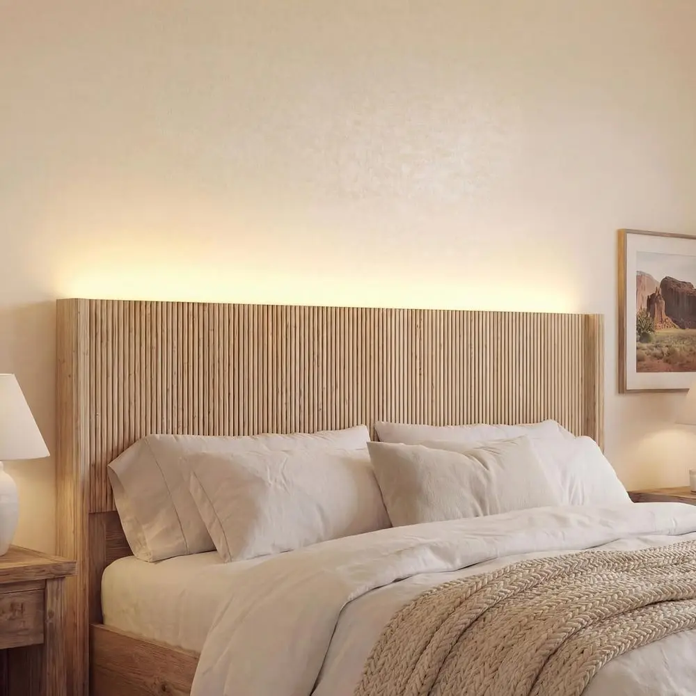 

Elegant Wall-Mounted Queen Bed Frame with Lighting, Bohemian Wood Style, Natural Bedroom Decor