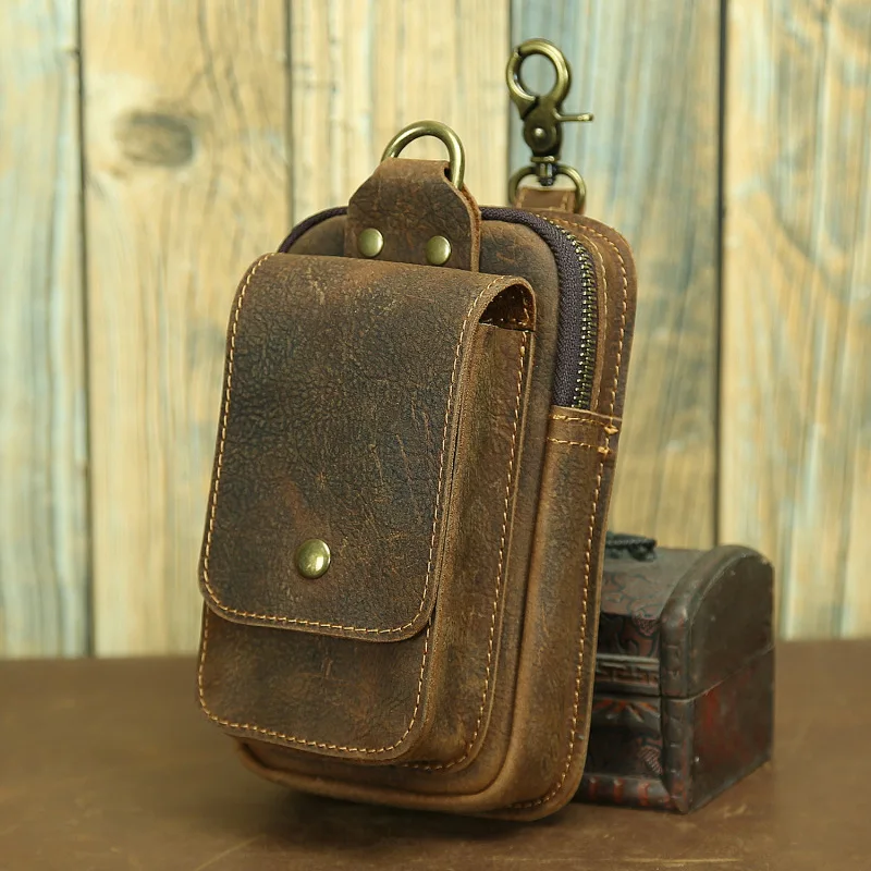 

Waist Packs Men Phone Bag Men Vintage Wallets Cowhide Genuine Leather Wallet Button Zipper Purse Multifunctional Retro Pouch