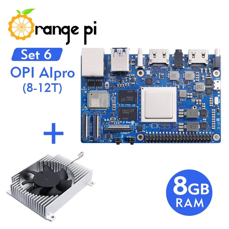 

Orange Pi AIpro 8 ГБ + охлаждающий вентилятор, 8-12 топов Ascend AI Computing Power Processor WiFi + BT Mini PC Single Development Board Computer