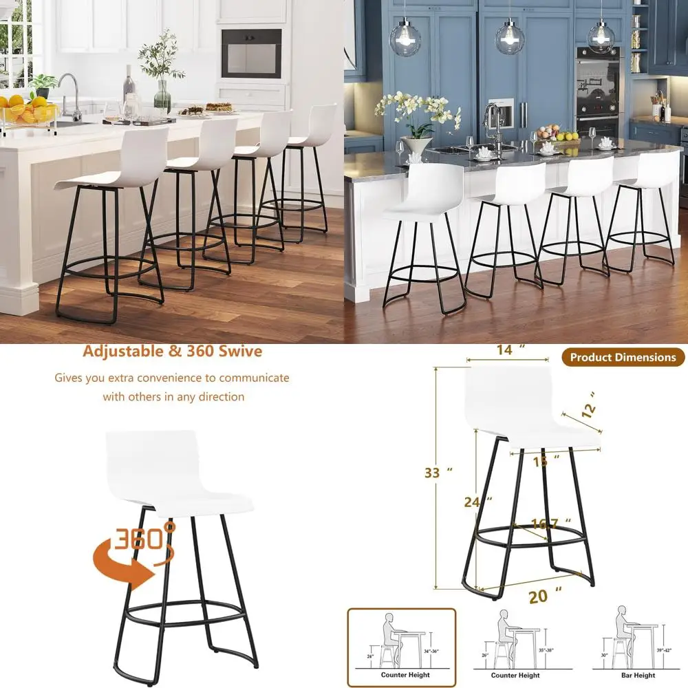 Set of Four Modern Swivel Bar Stools - Counter Height with Plastic Backrest, 24