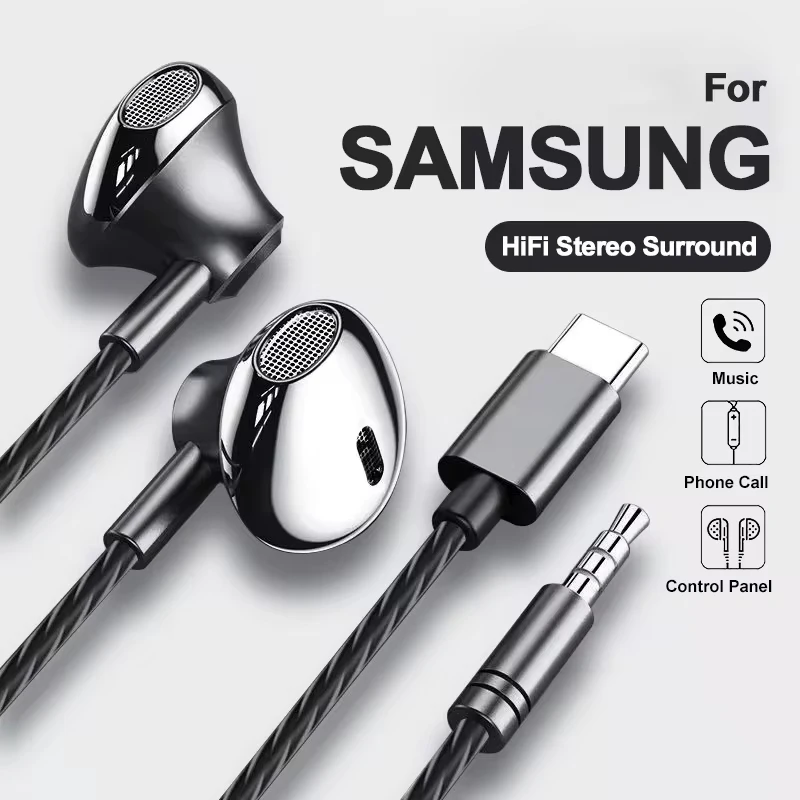 Tipo c 3.5mm fone de ouvido com fio no ouvido fones de ouvido com fio com microfone baixo alta fidelidade estéreo esportes controle em linha para samsung