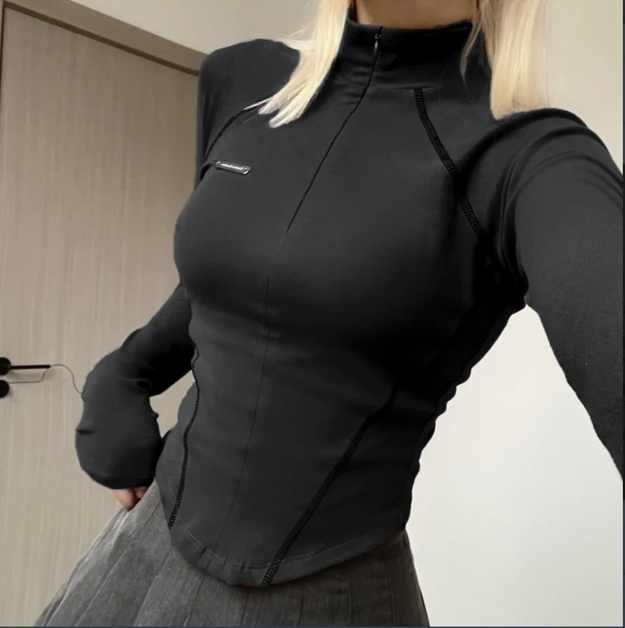 Women Sports Long Sleeve T-shirt Fashion Slim Fit Waist Cinched Half High Collar Zipper Tshirt High Quality Fitness Jogging Tops