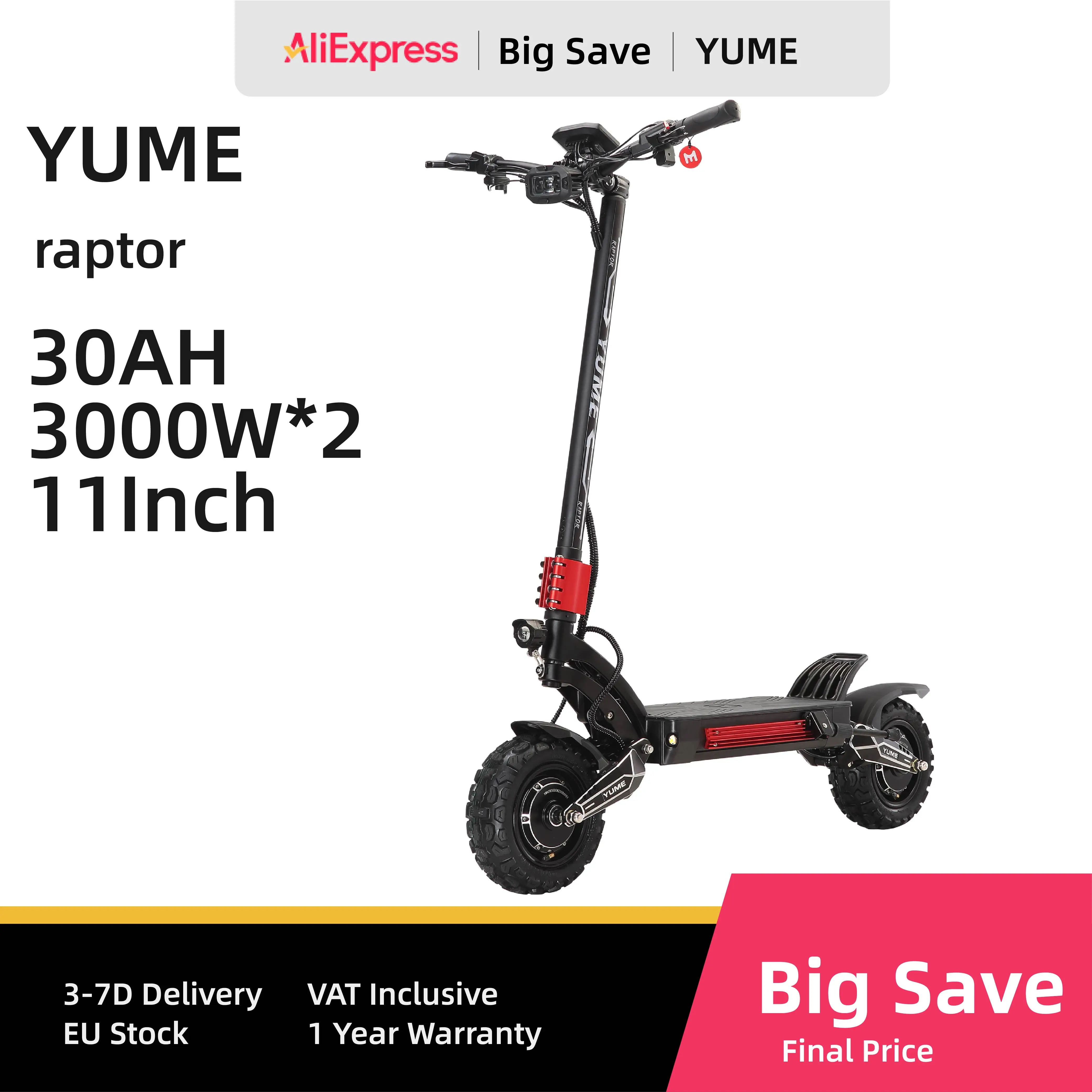 YUME Raptor 6000W Dual Motor Electric Scooter Adult Foldable Off-road Electric Scooter 60V-30AH Max Speed 85KM/H Max Range 100KM