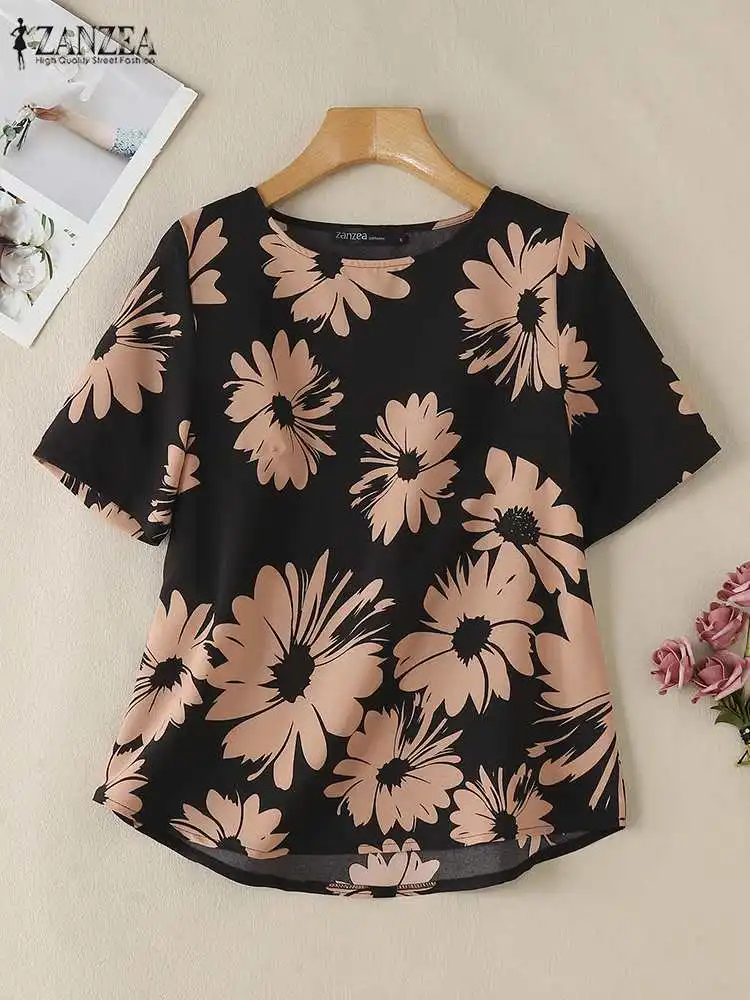 ZANZEA Women Casual Loose Blusas Mujer Floral Printing Bohemian Holiday Daily O Neck T-Shirt Tops Fashion Half Sleeve Blouses