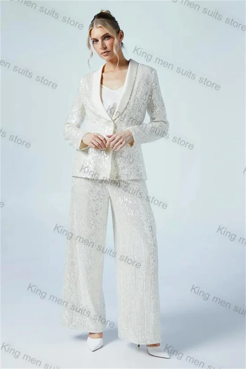 

White Sequins Women Suit Set 2 Pcs Blazer+Trouser Custom Made Satin Lapel Formal Office Lady Wedding Tuxedo Cotton Jacket Coat