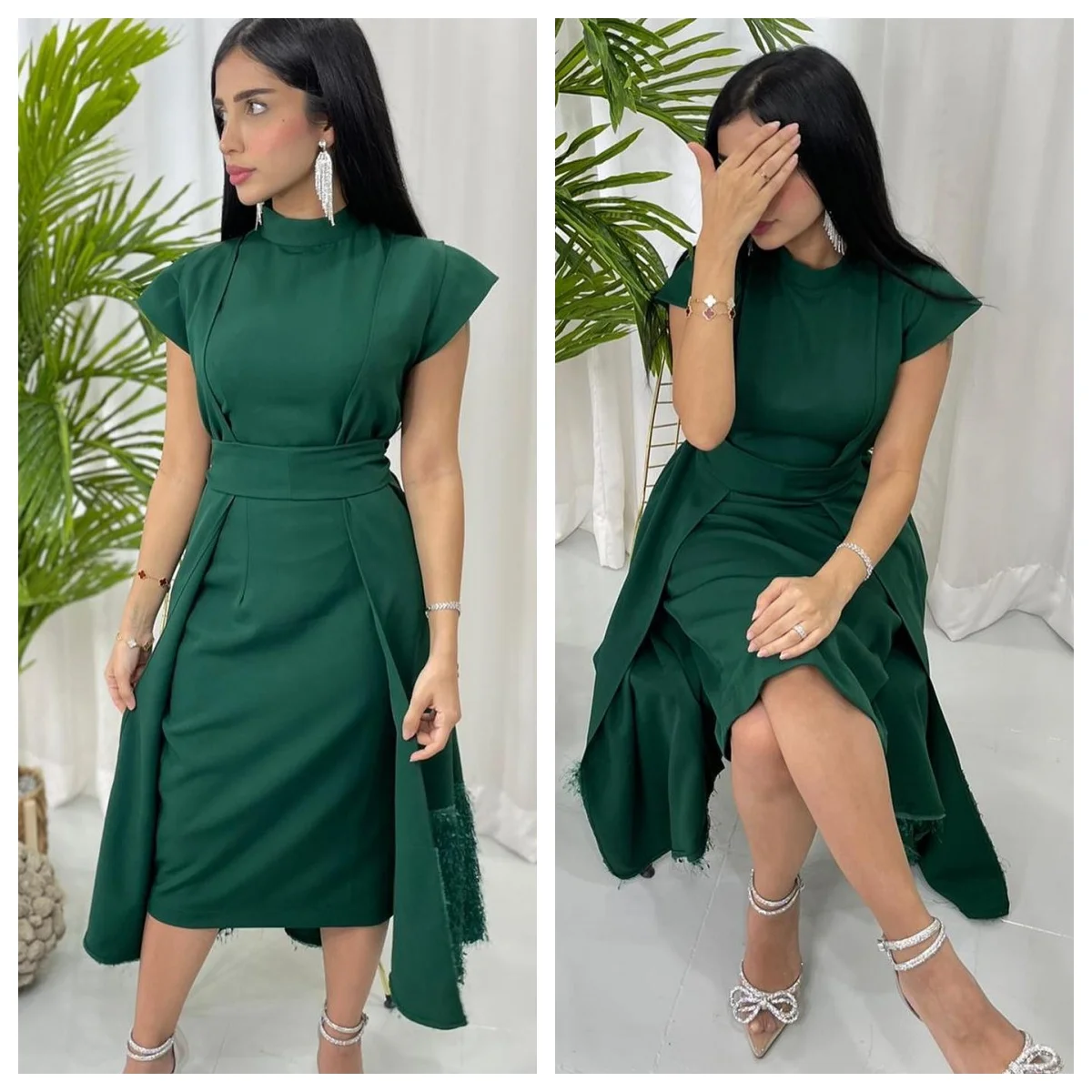 

Customized Evening Dress Temperament Green Jersey High Collar Sleeveless Prom Gowns Classic Straight Tea Length Party Dresses
