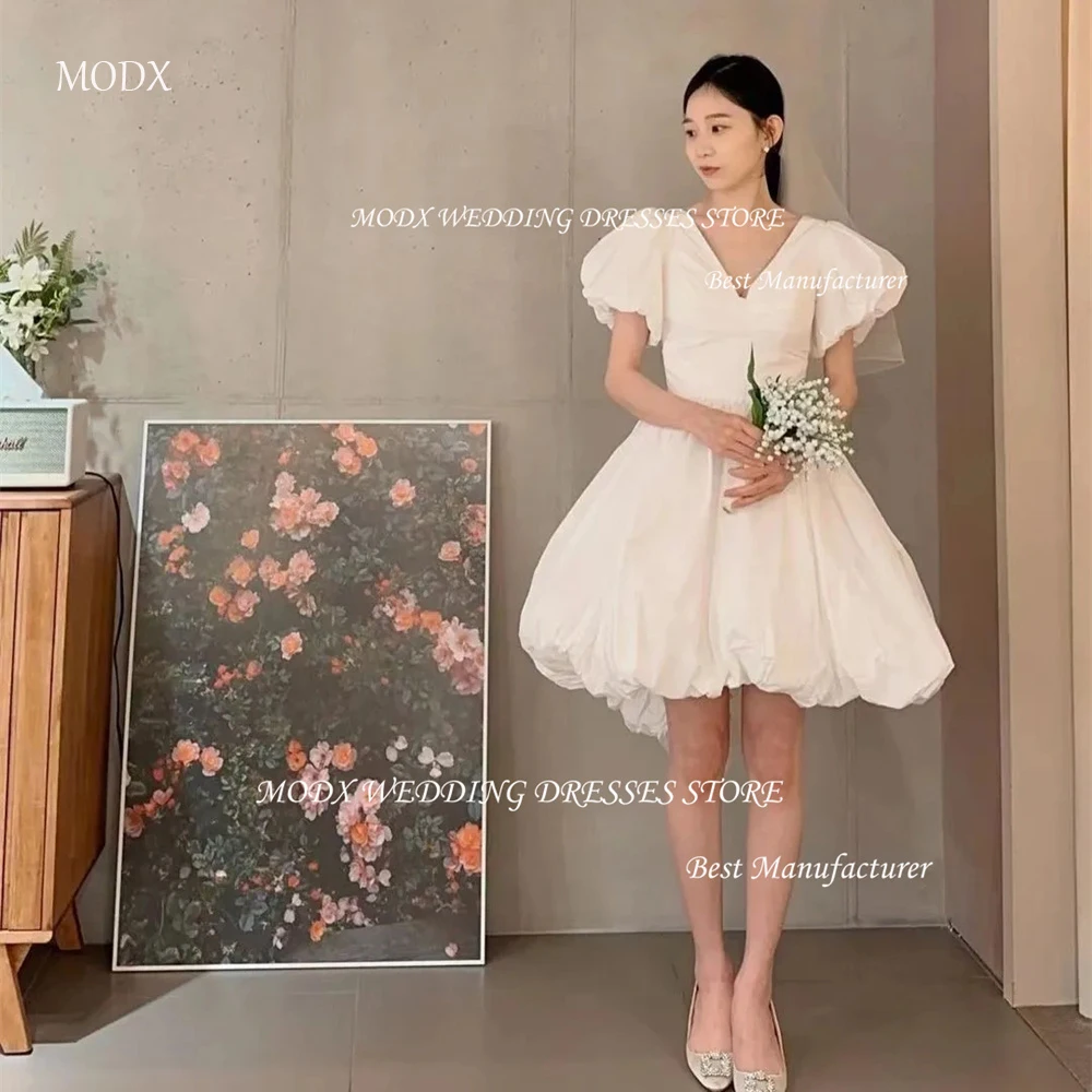 MODX V Neck Knee Length Cocktail Dresses Taffeta A Line Korea Wedding Dress Photo Shoot With Short Puff Sleeves Bridal Gowns