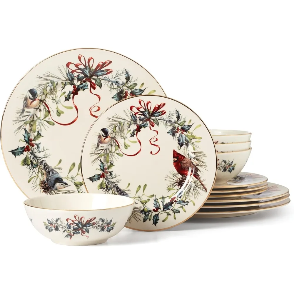 

Christmas Dinnerware Set 12-Piece Holiday Plates Red Green Festive Table Setting