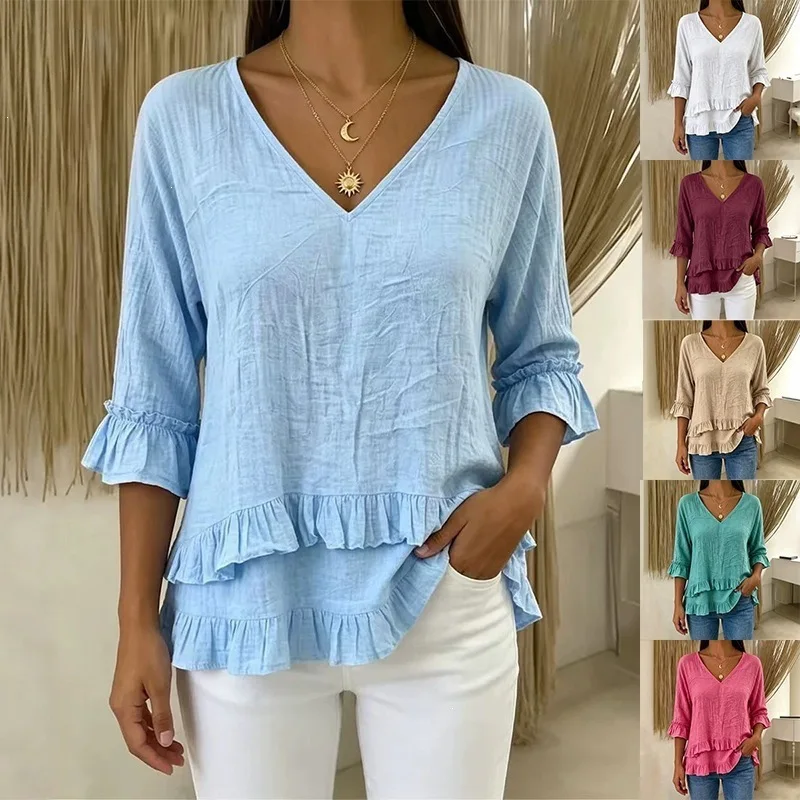 

Summer Beach Tops Womens Solid Color Button Down Ruffled Hem Blouses 3/4 Sleeve V Neck Cute Ladies Basic Linen Shirts 2026 New