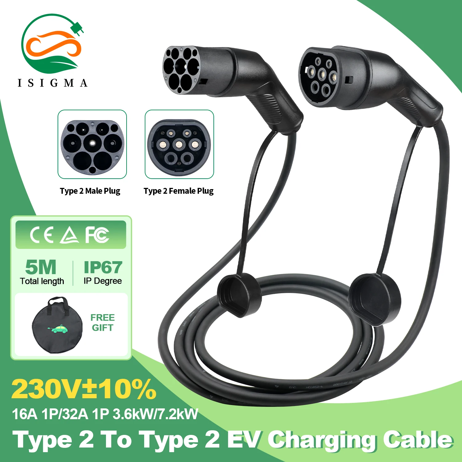 ISIGMA 16A/32A 1P 200V-240V نوع 2 إلى Type2 EV كابل شحن IEC62196-2 5m لمحطة شحن السيارة الكهربائية #1