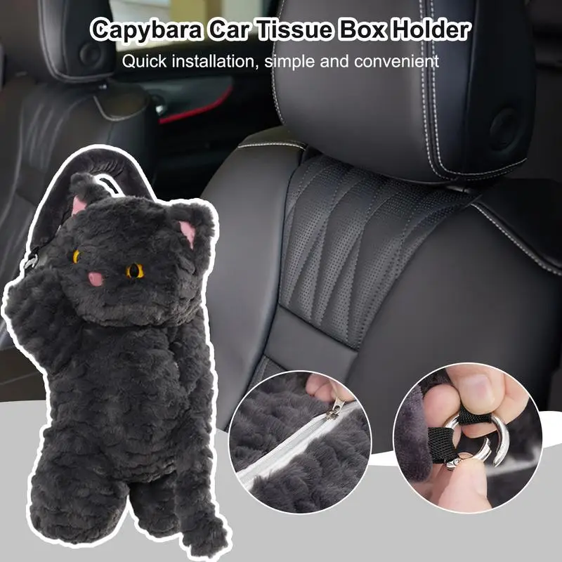 Cartoon Black Cat Plush Car Tissue Holder Hangable Auto Mounted Napkin Holder 2 In 1 Car Tissue Box And Trash Can Organizer