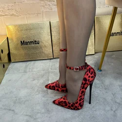 Tacchi alti leopardati CACA 16 cm, décolleté da donna, zuppe fetish da pole dance, punta a punta sexy, cinturino con fibbia alla caviglia, rosso, taglia grande 46, goccia