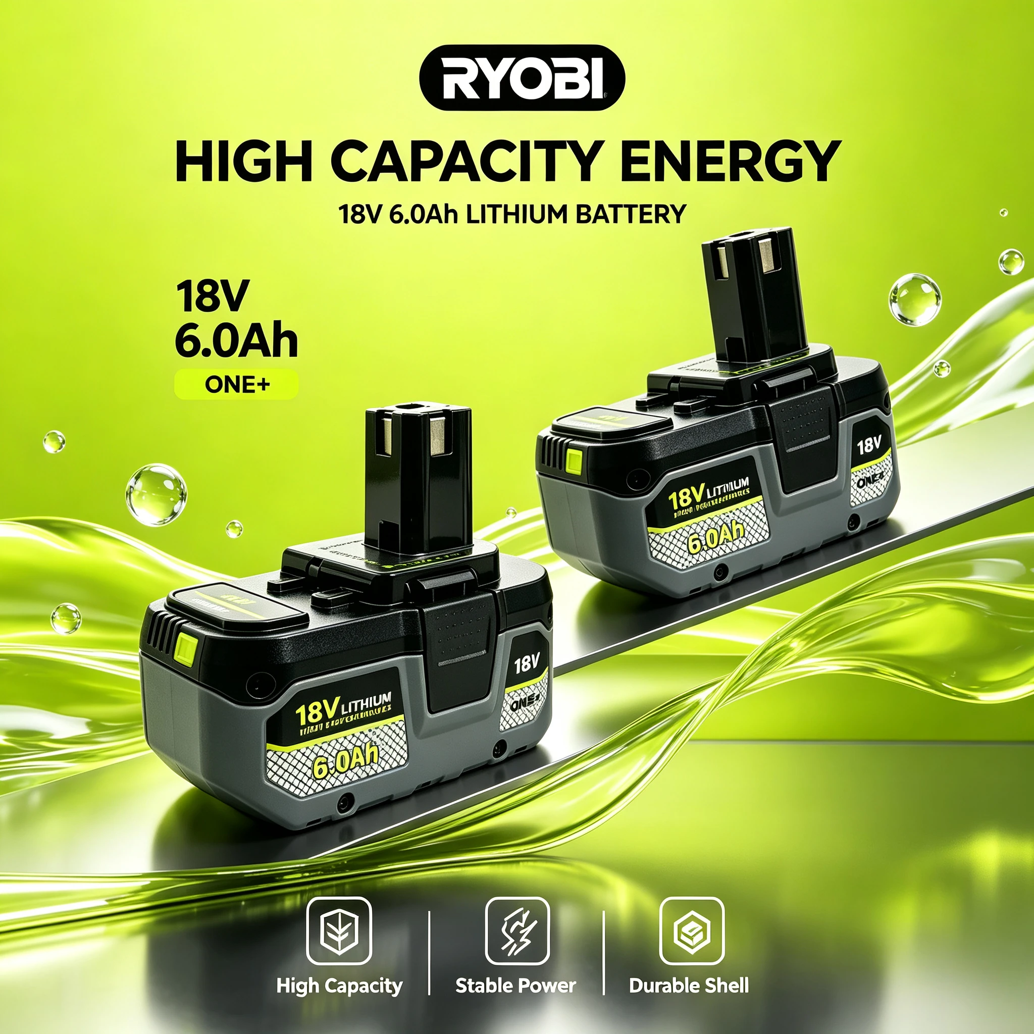 RYOBI 6.0Ah 18V Li‑ion Tool Battery Stable Discharge Performance for Cordless Angle Grinder Multi‑Protection Circuit  Daily Use