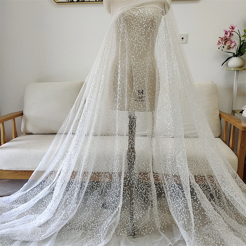 Off White Color Tulle Embroidery Sequined Lace Fabric Dress Lace Material 2022 NEW 1 Yard