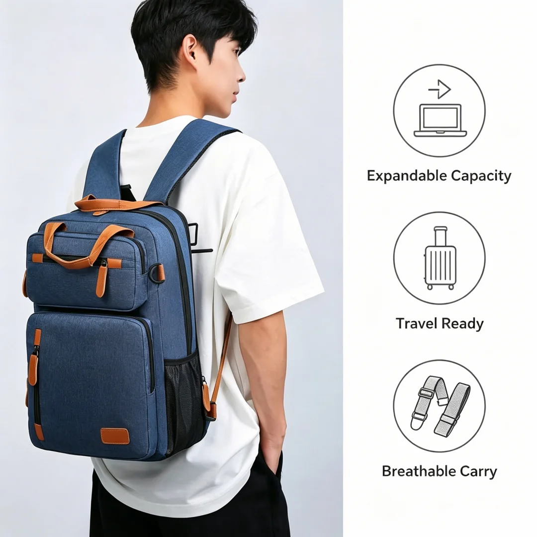 Large Capacity Travel Backpack 15.6 Inch Laptop Bag Oxford Expandable Waterproof Business School Backpack with Luggage Strap