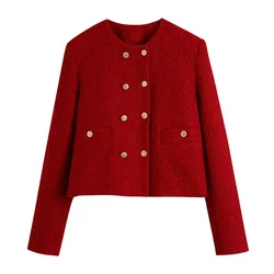 New Collection 2024 Women Vintage Red Tweed Blazer Female Long Sleeve Elegant Jacket Ladies Crop Blazer Suits Coats for Woman