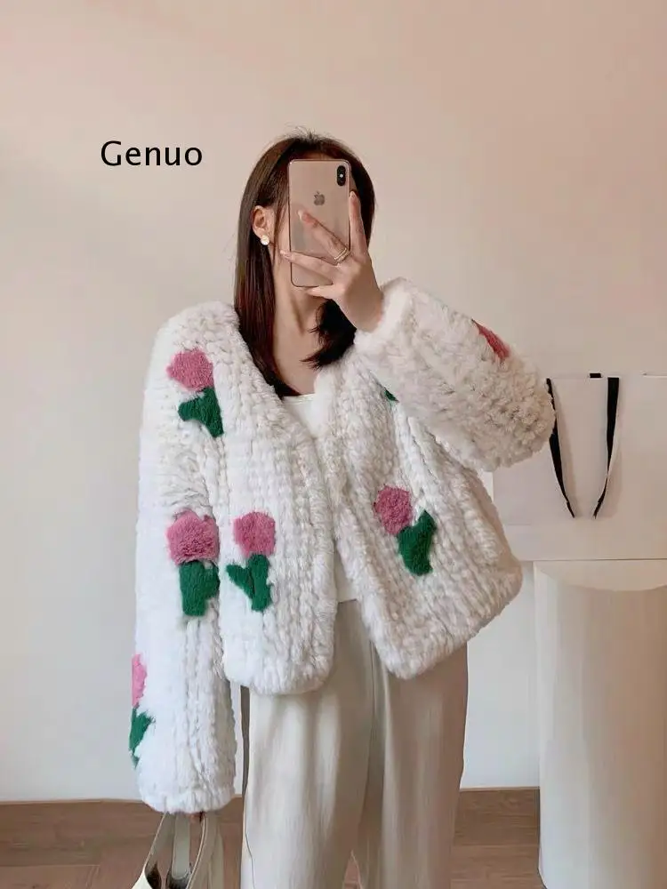 Woman Winter Coats Autumn Korean Fashion Fake Rabbit Fur Knitted Embroidery Cardigan Loose Casual Jacket Women Clothing