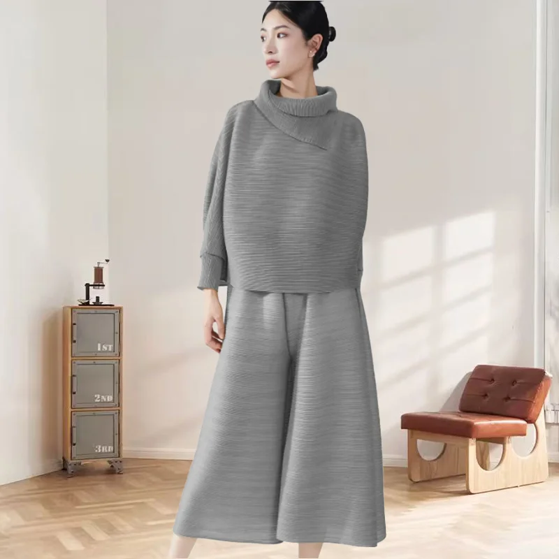

Miyake Pleated Pant Sets High Collar Lantern Sleeve Tops Wide Leg Pants Women 2025 Summer Spring Causal Two Piece Sets Clothing