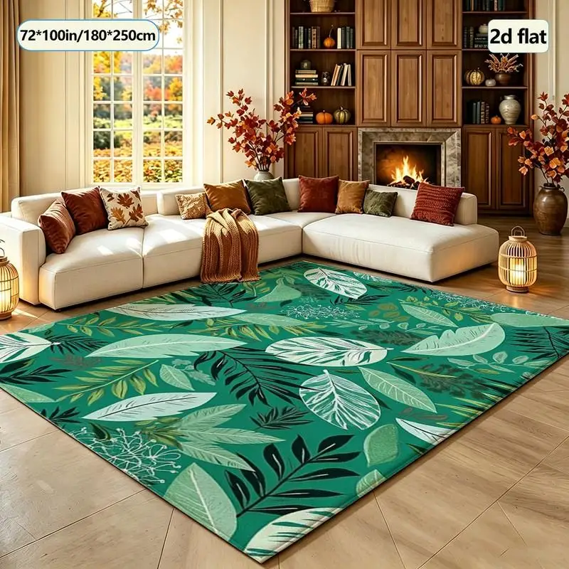 Bright Tropical Green Jungle Leaf Pattern Carpet, Hawaiian Square Rug, Non-Slip and Washable, Suitable for Home Living Room Decoration