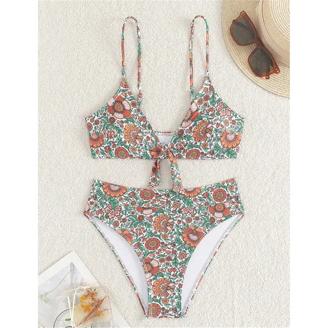 S - XL Neuer, mit Blumenmuster bedruckter Damen-Badeanzug, hochtaillierter Bikini, zweiteiliges Bikini-Set, Badebekleidung, Badeanzug, Modell V6736. – Detail 10