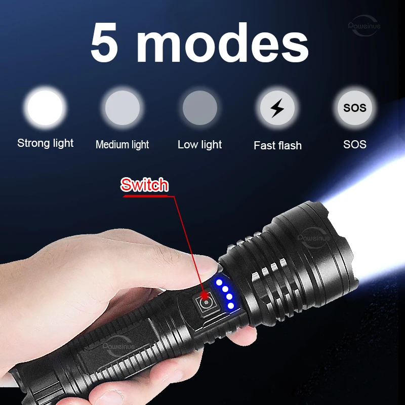 Super XHP360 Most Powerful Flashlight Rechargeable Torch Light XHP90.2 High Power LED Flashlight Type-C Camping Tactical Lantern