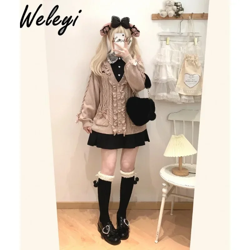 Lolita Cute SC Rabbit Embroidered Wood Ear Knitted Cardigans Sweet Fried Dough Twists Love Strap Mid-length Sweater Cardigan