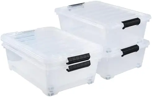 

3-Pack Plastic Under Bed Box Container, 40 Quart Clear Stackable Box Wheeled Latching Box Black lip liner Fountain pen Laundry