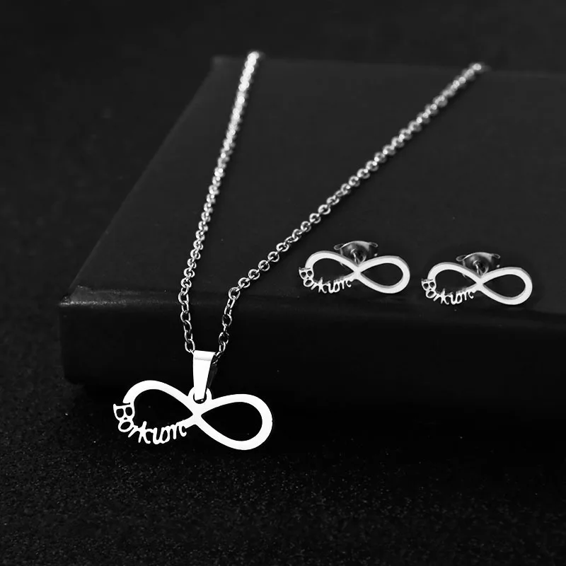 Stainless Steel Glossy Infinity Necklace Stud Earrings Set Steel Color Figure 8 Pendant Clavicle Chain Jewelry