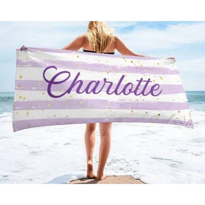 Custom Name Personalized Beach Towel Microfiber Print Letter Towel Creative Colorful Glitter Stripe Summer Beach Bathing Towel